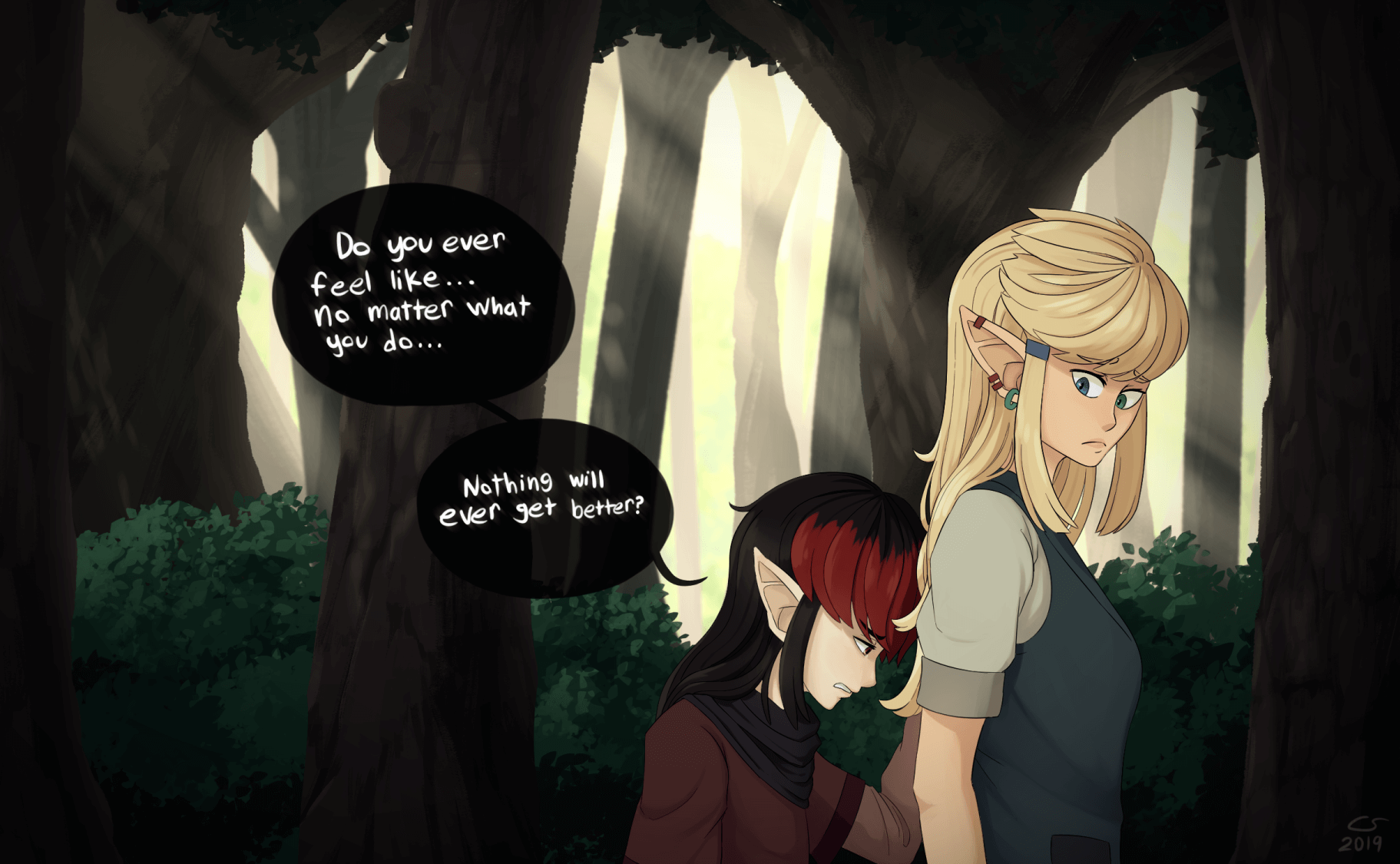 Vae and Caelle looking sad in a forest at sunset. Vae leans her forehead against Caelle's back and tearfully asks: 'Do you ever feel like... no matter what you do... nothing will ever get better?'